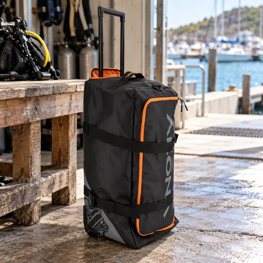 Generated product image of AKONA Classic Roller Duffel AKB225 resting in a dive-center packing area