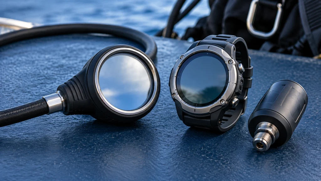 Analog submersible pressure gauge beside a wrist computer and transmitter