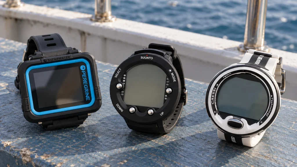 Generated image of three dive computers resting on a dive-boat bench beside the sea
