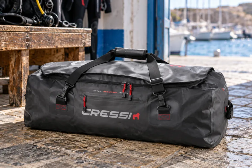 Generated product image of Cressi Gorilla Pro 135 L resting in a dive-center packing area