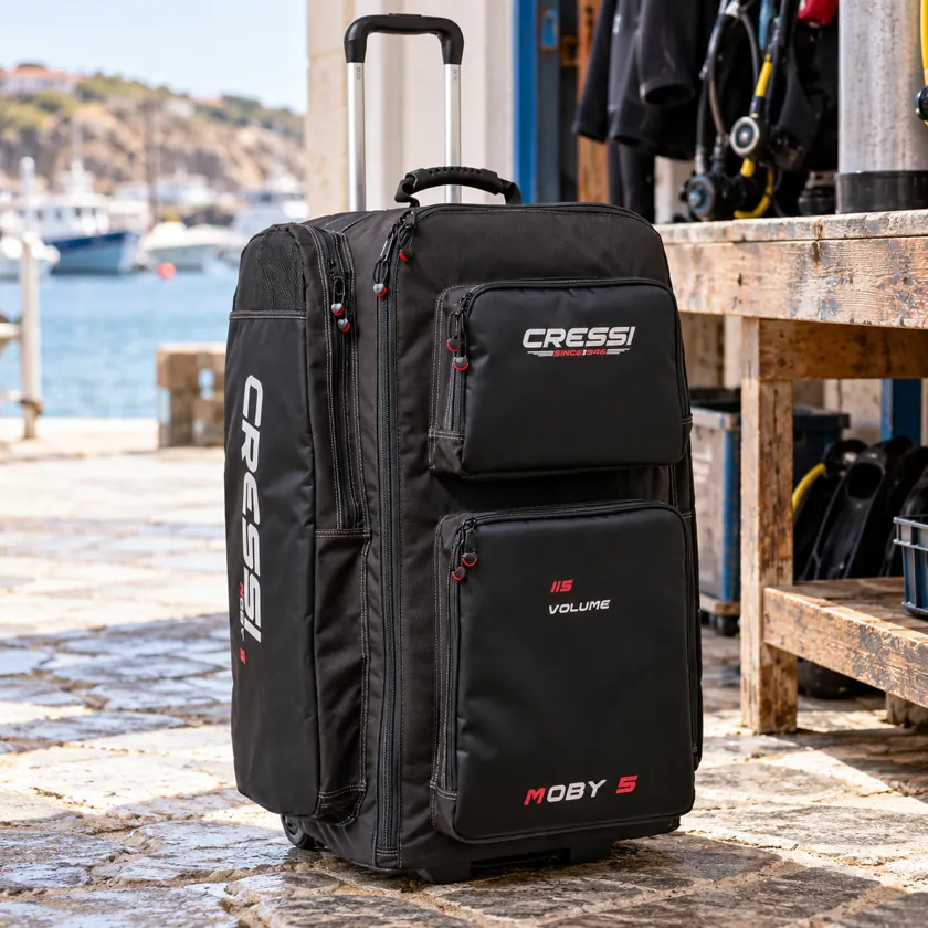 Generated product image of Cressi Moby 5 resting in a dive-center packing area