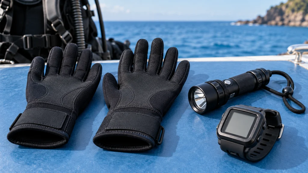Dive gloves beside light and computer controls