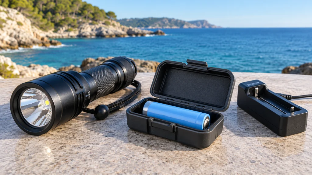 Dive light, protected battery and charger on a dry worktop