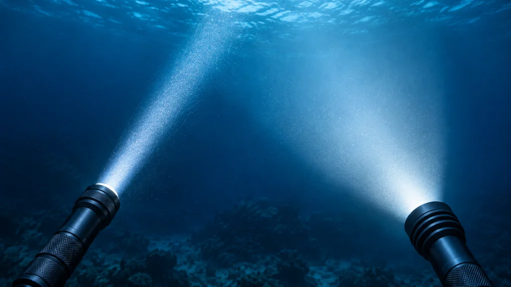 Narrow and broad light beams from two generic dive torches