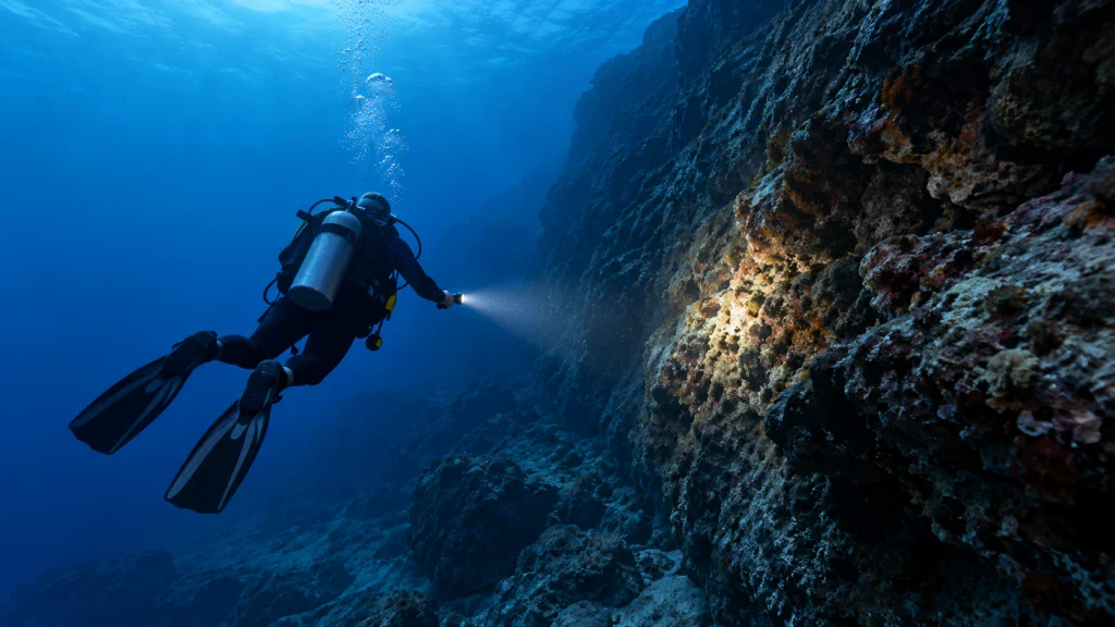 A diver directs a narrow handheld torch beam toward a rocky underwater wall