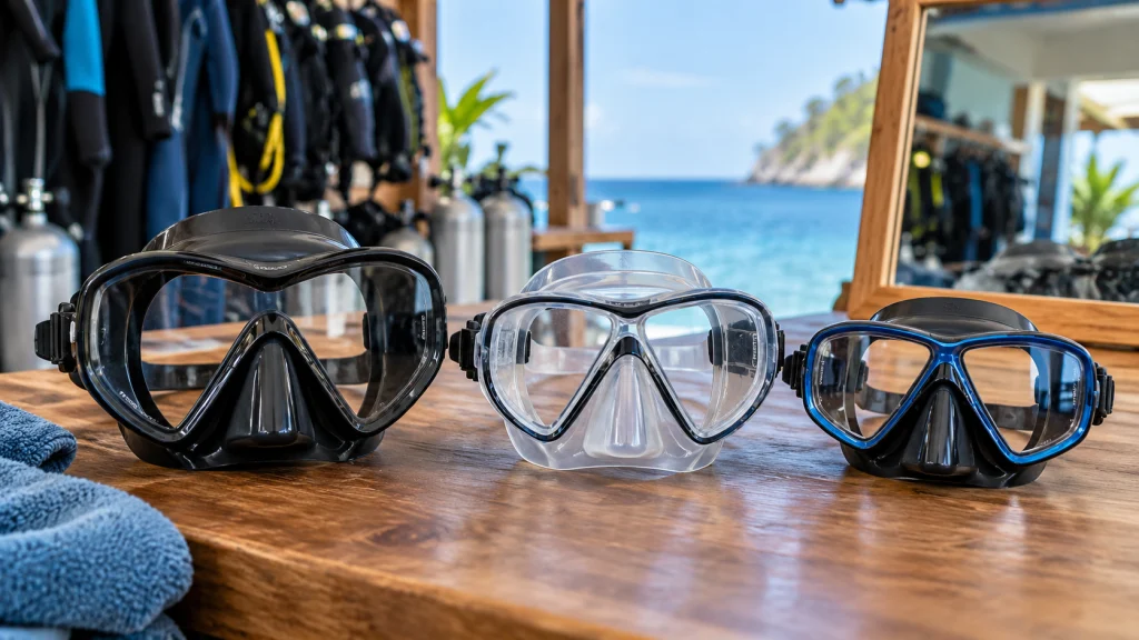 Three scuba masks with different skirt shapes