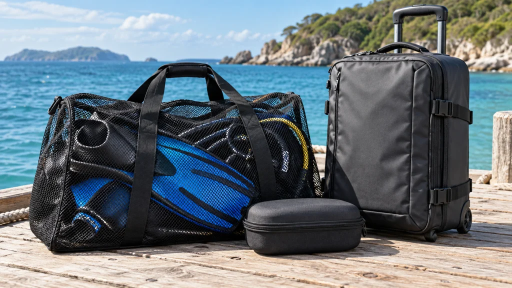 Mesh scuba bag and roller bag beside protected dive equipment