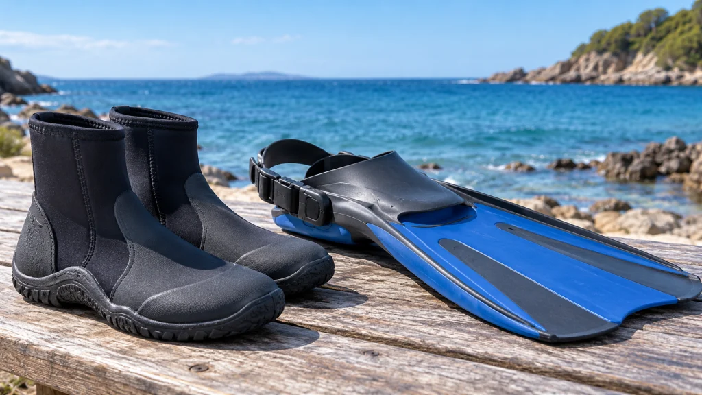Neoprene dive boots beside an open-heel fin