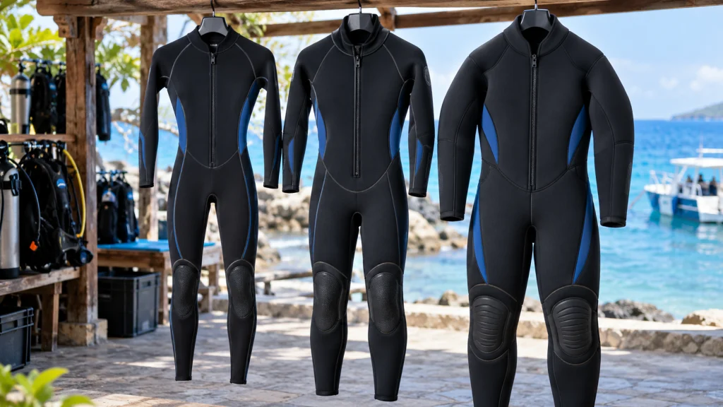 Full-length neoprene wetsuits hanging at a shaded dive center