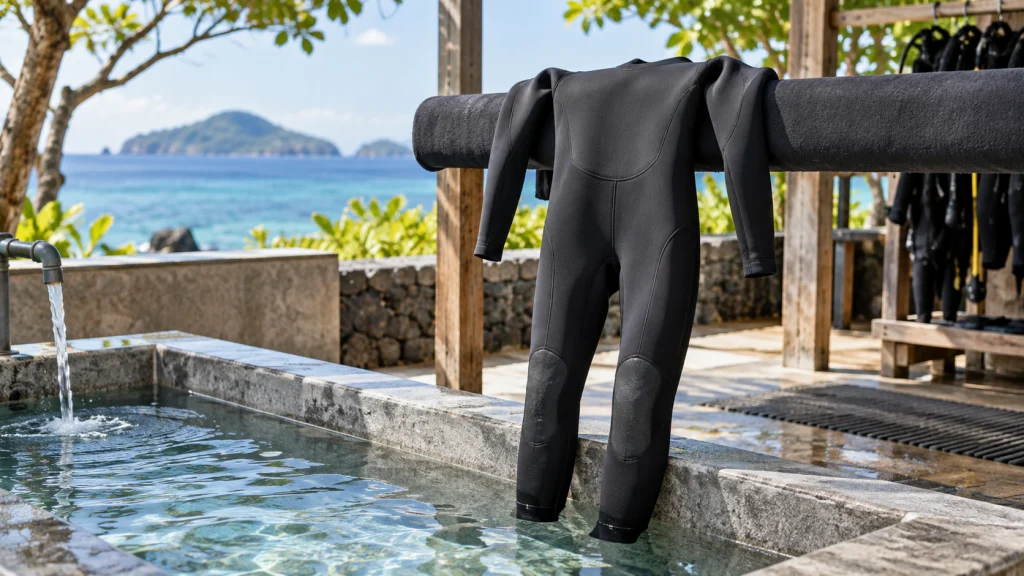 Wetsuit drying in a shaded ventilated equipment area