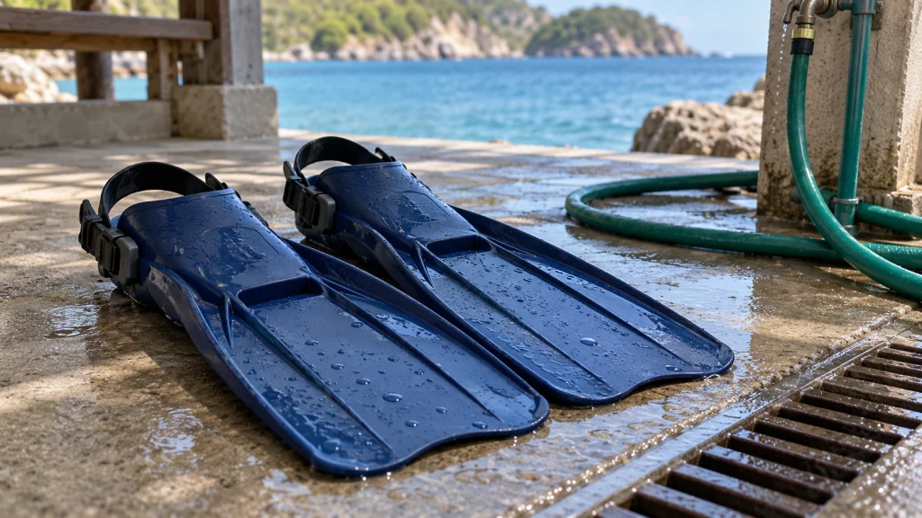 Open-heel scuba fins on a shaded freshwater rinse deck