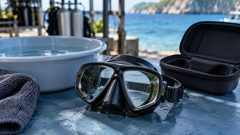 Scuba mask beside a freshwater rinse basin and protective case