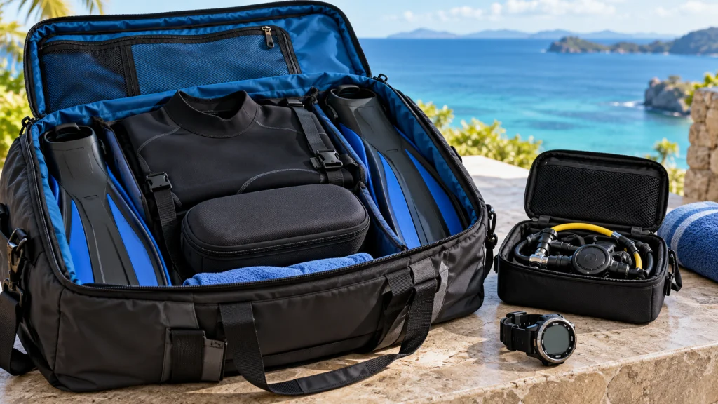 Scuba travel bag packed with fins, wetsuit and protected instruments
