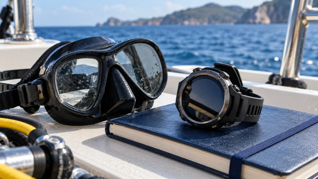 Wrist dive computer beside a scuba mask and closed dive log