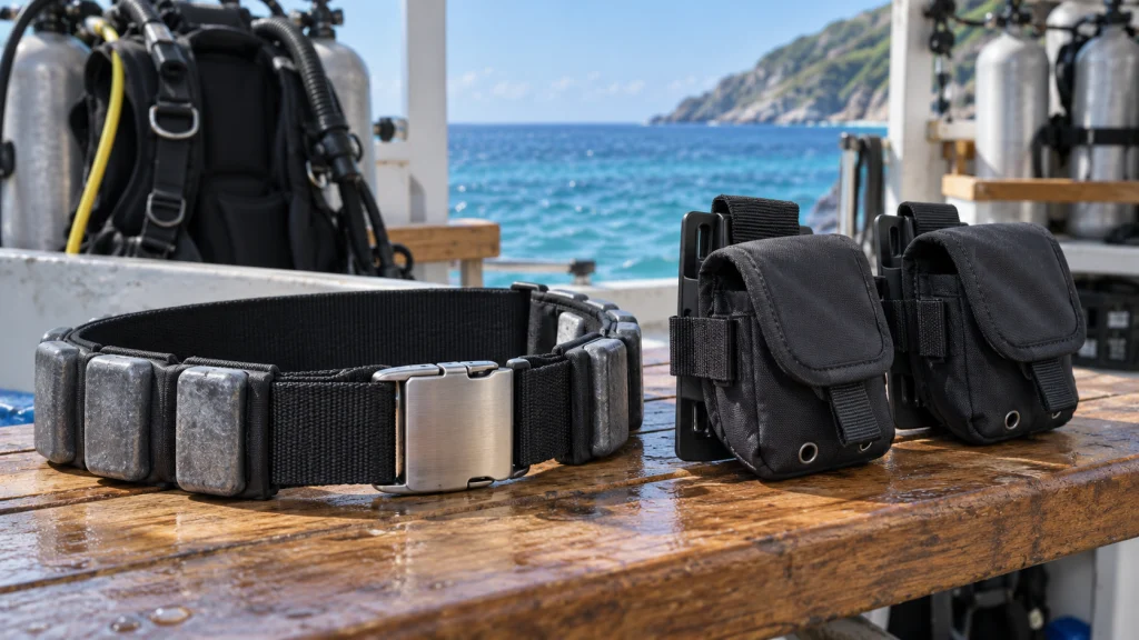 Scuba weight belt beside integrated weight pockets