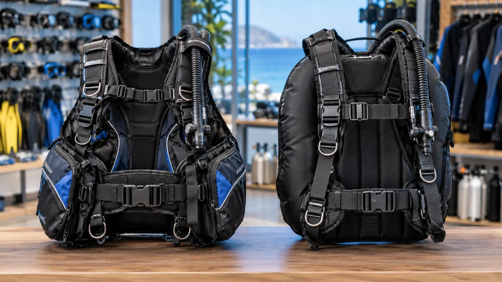 Jacket-style and back-inflate recreational BCDs on a dive shop display