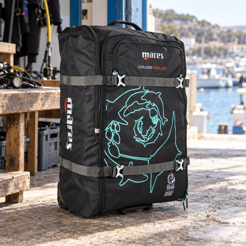 Generated product image of Mares Cruise Backpack Roller resting in a dive-center packing area
