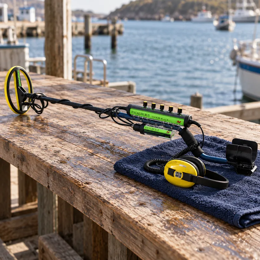Generated product image of Minelab Excalibur II resting on a coastal equipment-preparation bench