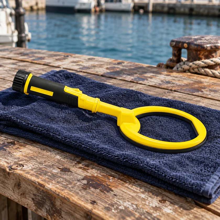 Generated product image of Nokta PulseDive Scuba Detector resting on a coastal equipment-preparation bench