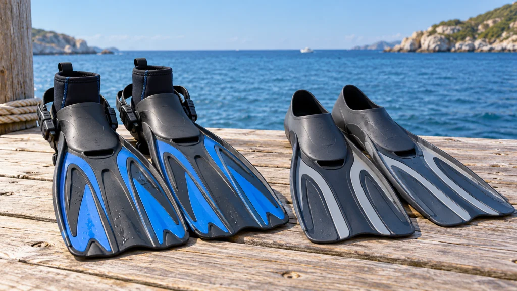 Open-heel scuba fins with boots beside full-foot fins