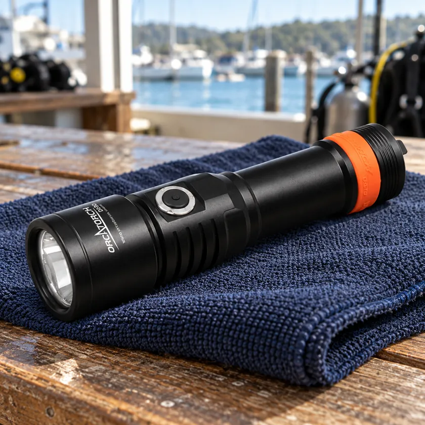 Generated product image of OrcaTorch D530 cold white light resting on a dive-center preparation table