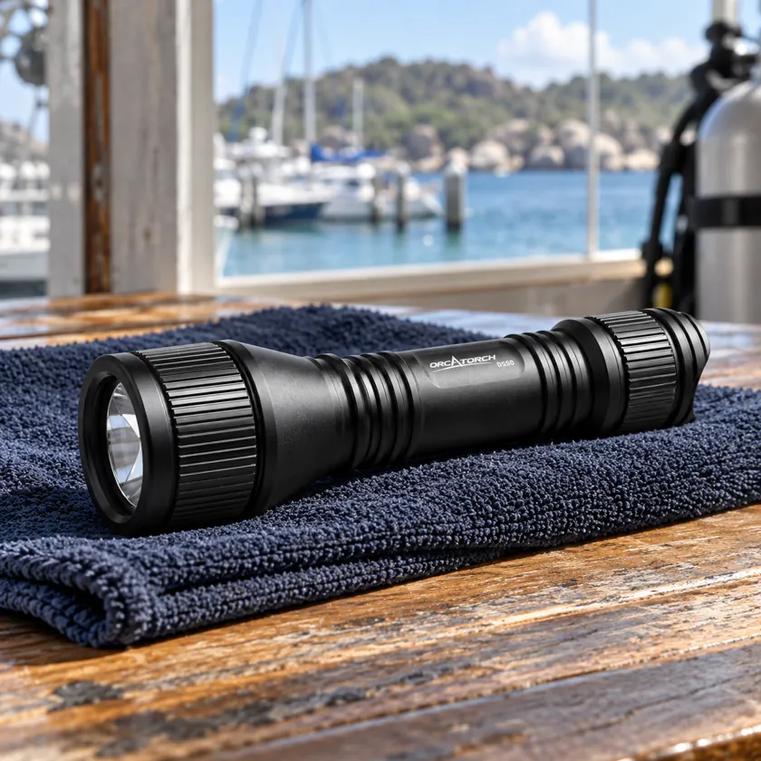 Generated product image of OrcaTorch D550 light resting on a dive-center preparation table