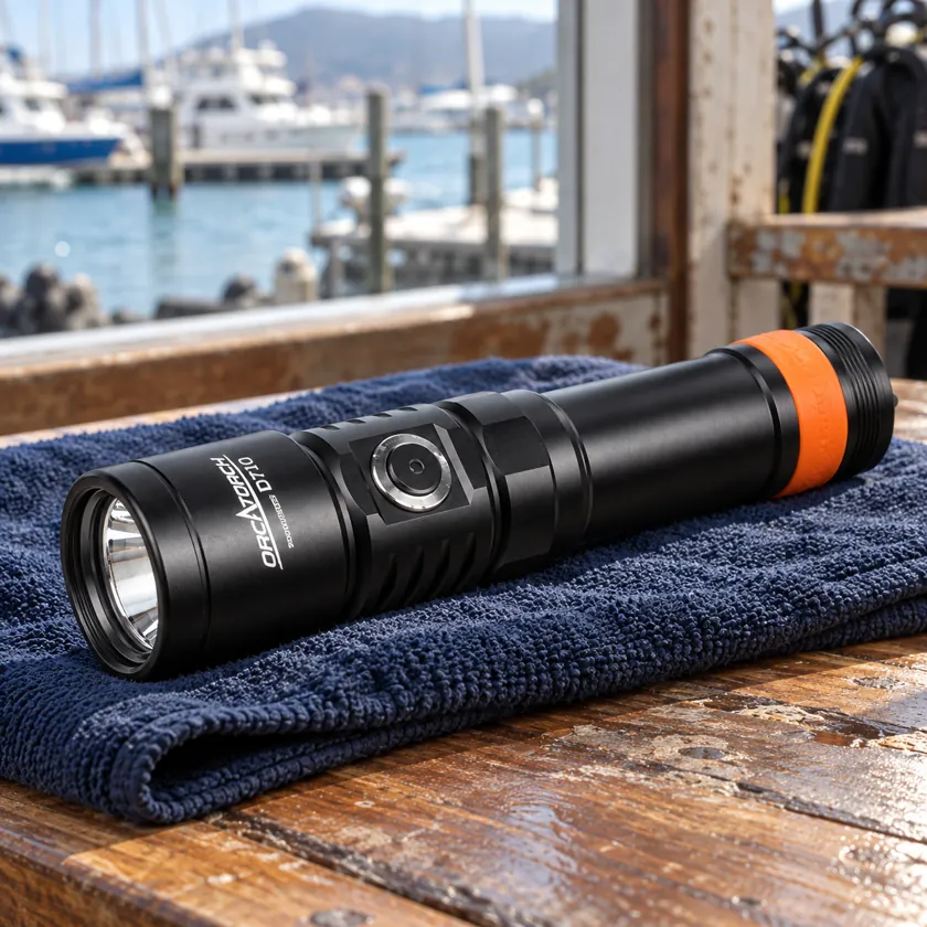 Generated product image of OrcaTorch D710 light resting on a dive-center preparation table