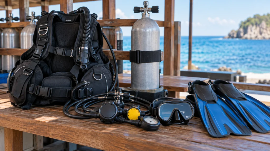 Scuba equipment laid out for a pre-dive inspection