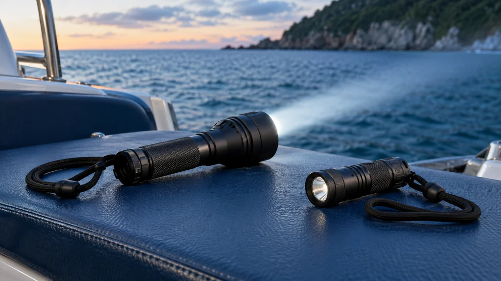 Two separate handheld dive lights with individual lanyards