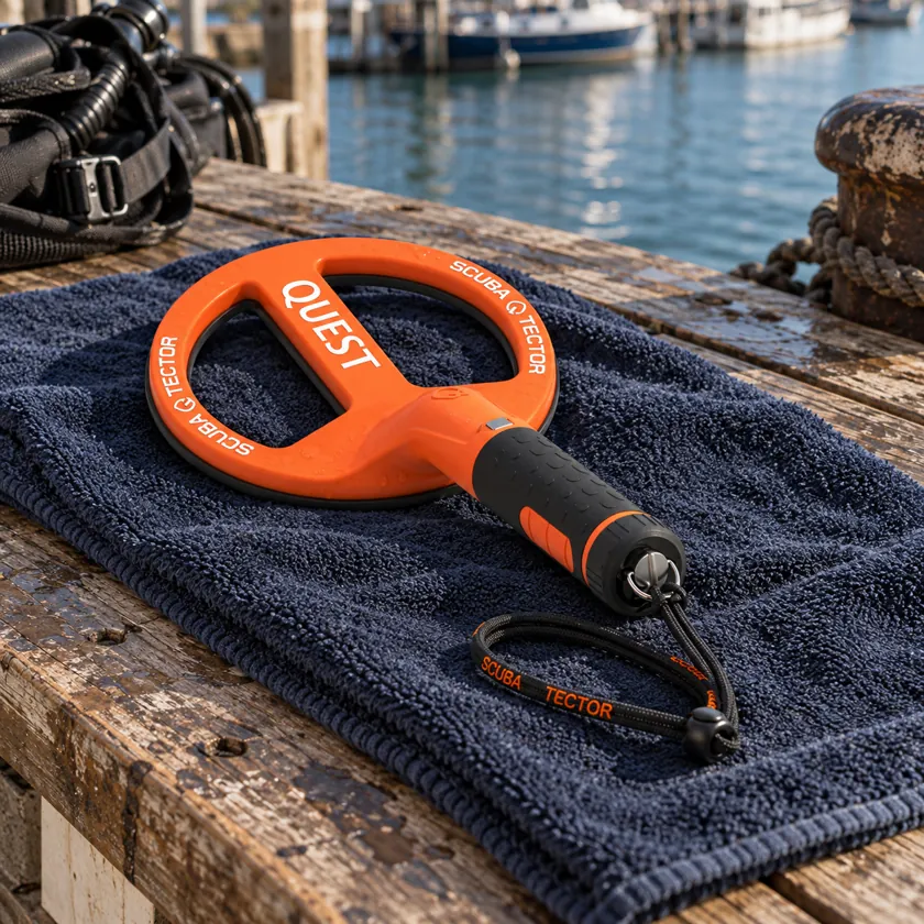 Generated product image of Quest Scuba Tector II resting on a coastal equipment-preparation bench