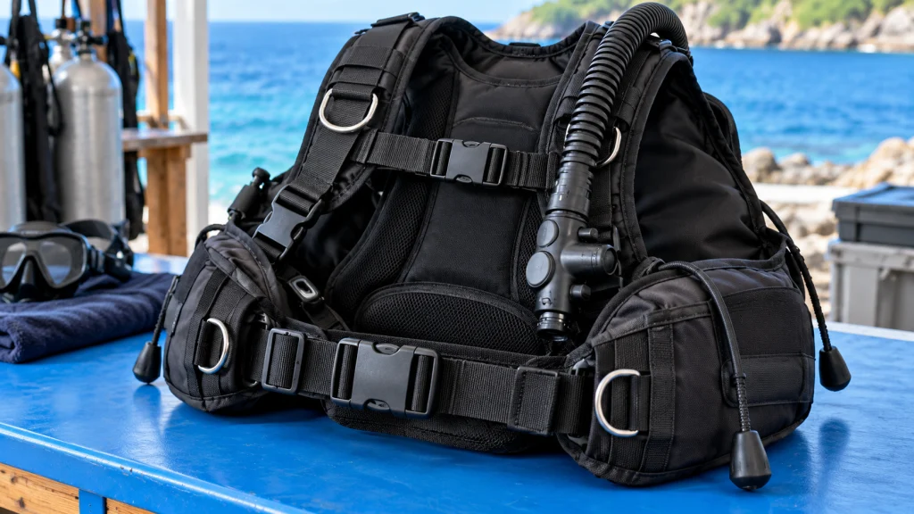 BCD inflator hose, harness and buckles on an equipment bench