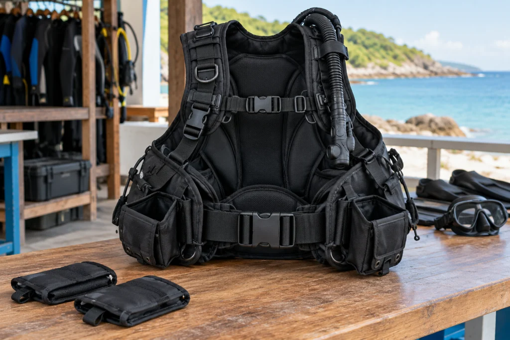 Unbranded buoyancy compensator laid out for inspection on a clean dive bench