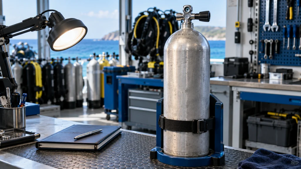 Scuba cylinder secured in a professional equipment workshop