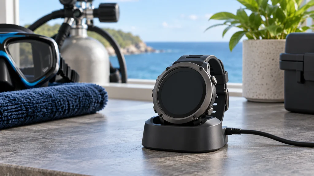 Wrist dive computer and charging cradle on a dry worktop