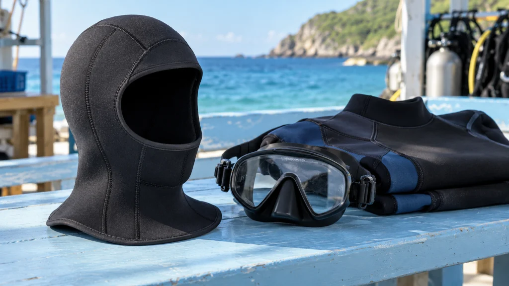 Neoprene dive hood beside a mask and folded wetsuit