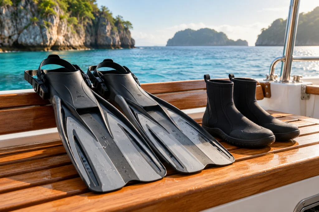 Generic open-heel dive fins and boots arranged beside clear seawater
