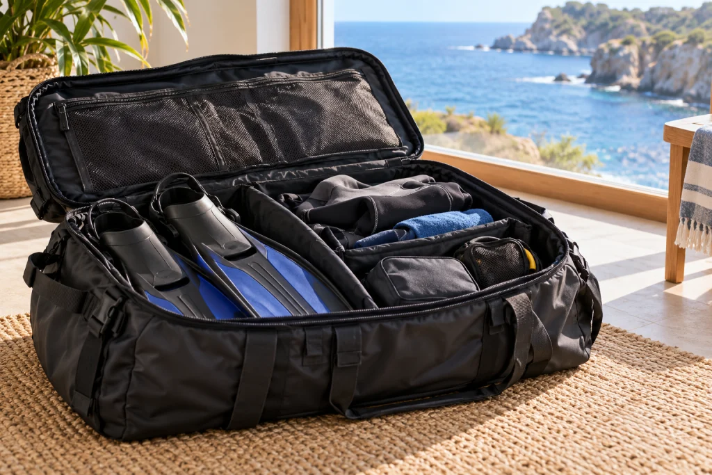Open dive gear bag holding neatly organized fins and exposure equipment