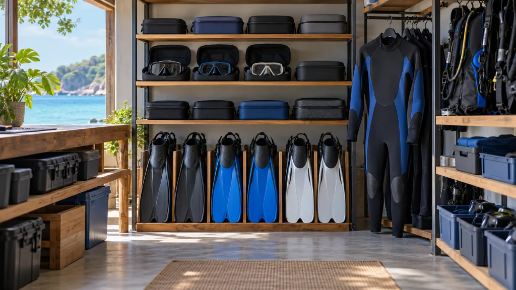 Dry scuba equipment organized on shelves and hangers