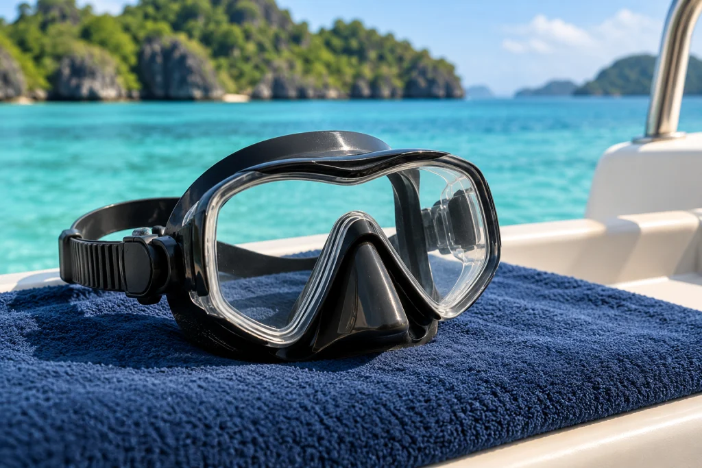 Unbranded scuba mask on a clean boat bench with a reef lagoon behind it
