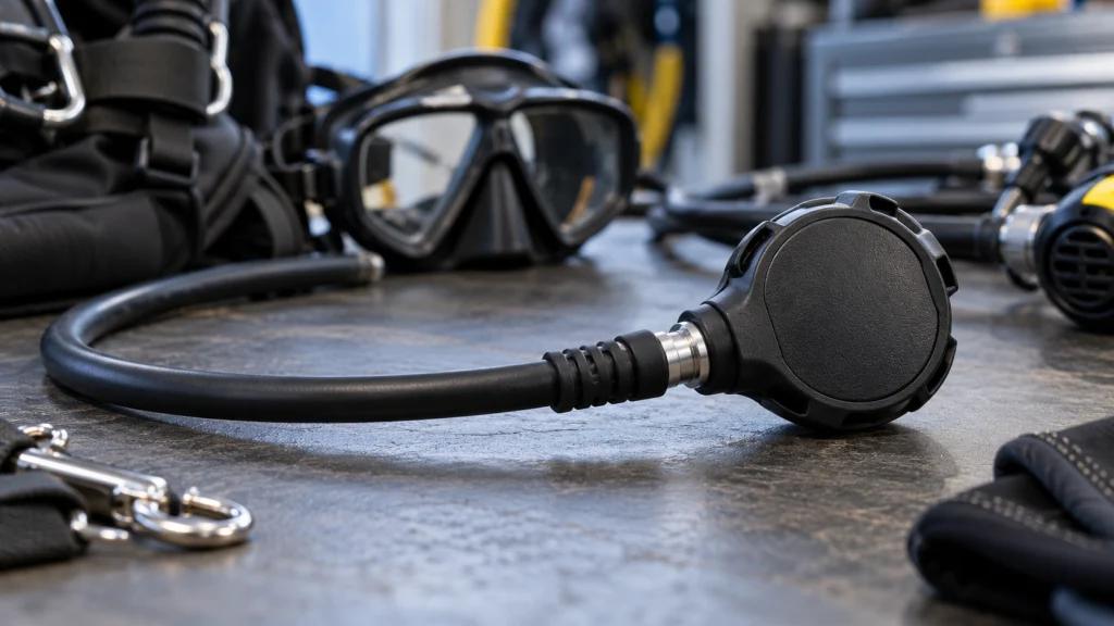 A coiled regulator hose and generic analog gauge resting on a clean workbench