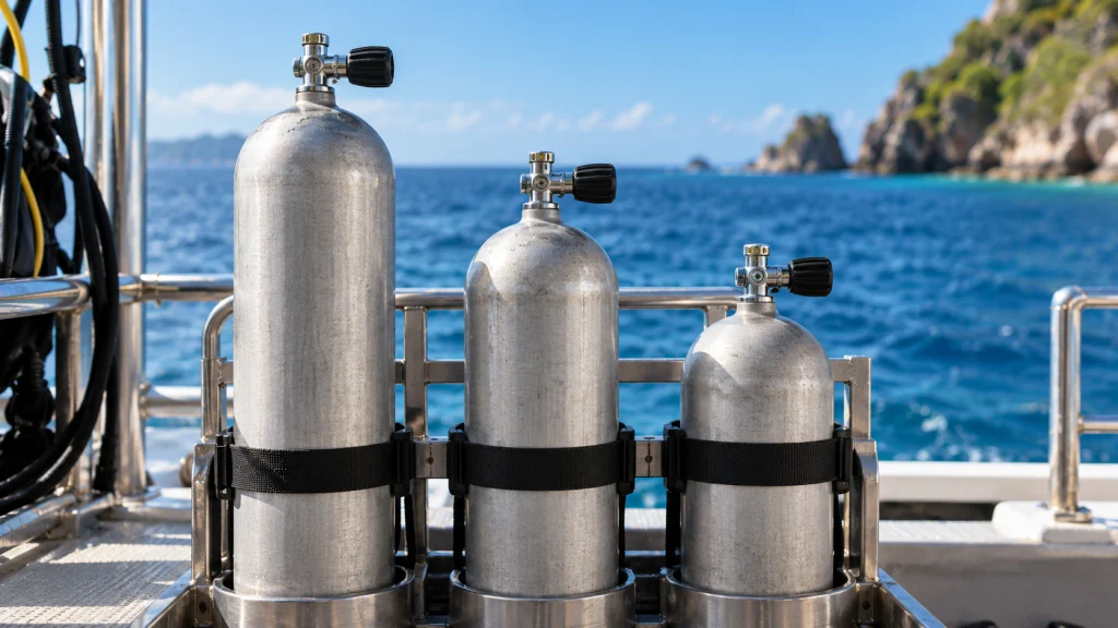 Different-size scuba cylinders secured in a storage rack