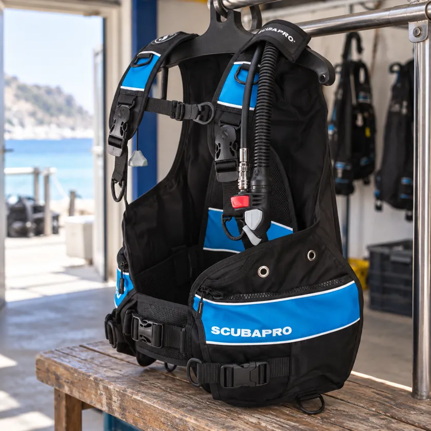 Generated product image of SCUBAPRO GO supported in a dive-center preparation area