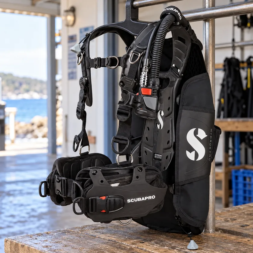Generated product image of SCUBAPRO Hydros Pro supported in a dive-center preparation area