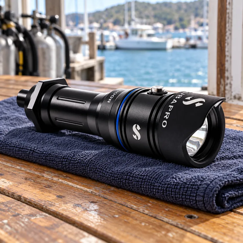 Generated product image of SCUBAPRO Nova 1000R light resting on a dive-center preparation table