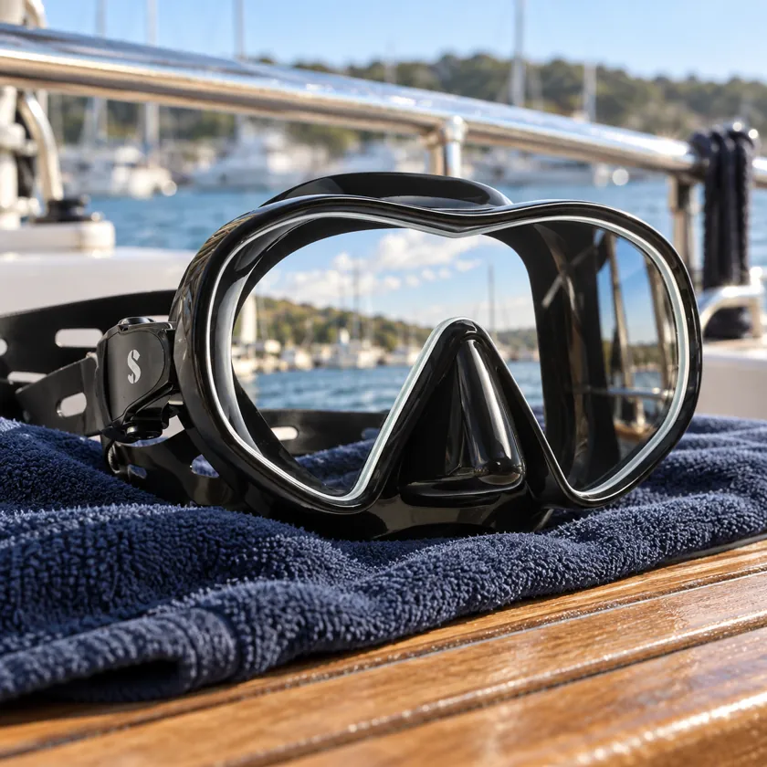 Generated product image of SCUBAPRO Solo resting on a towel aboard a dive boat