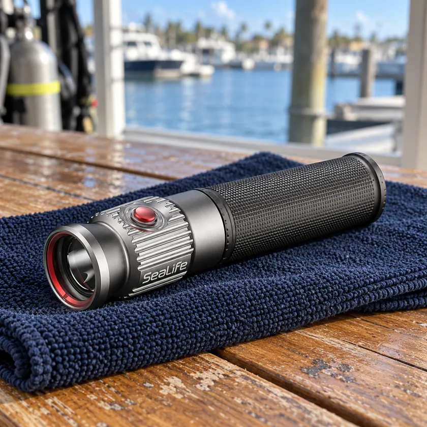 Generated product image of SeaLife Sea Dragon Mini 1200 Power Kit light resting on a dive-center preparation table