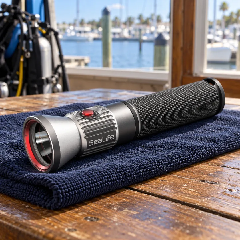 Generated product image of SeaLife Sea Dragon Mini 1600 Power Kit light resting on a dive-center preparation table