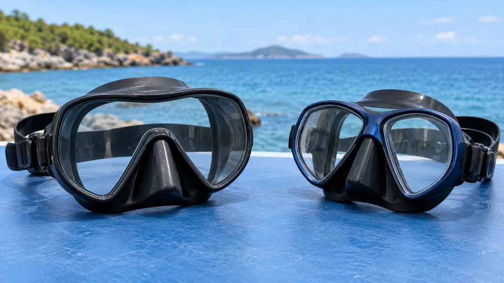 Single-lens and dual-lens scuba masks on a worktop