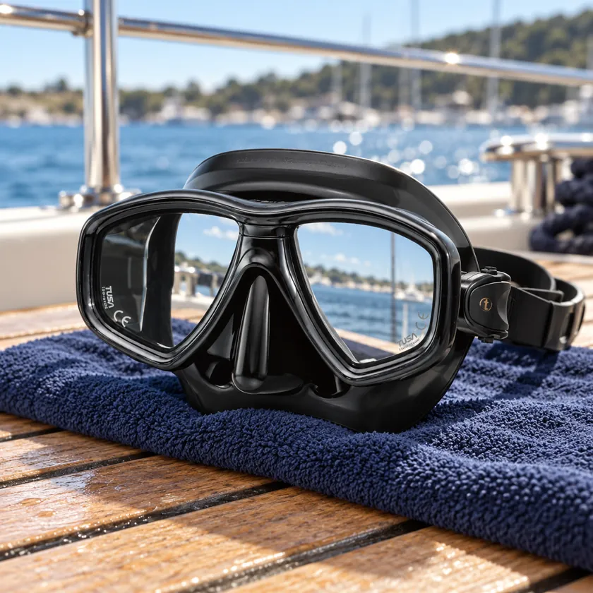 Generated product image of TUSA Freedom Ceos M-212 resting on a towel aboard a dive boat