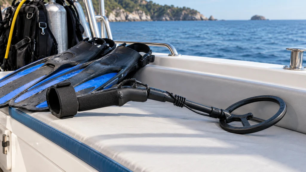 Compact underwater search detector and fins on a boat bench